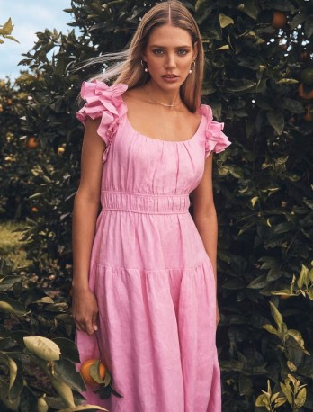 FOREVER NEW Athena Ruffle Midi Dress in Candy Floss ~ pink linen ruffled cap sleeve dresses ~ feminine prairie style fashion