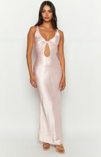 Beginning Boutique Attina Pink Satin Maxi Dress ~ silky sleeveless cut out dresses