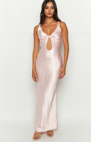 Beginning Boutique Attina Pink Satin Maxi Dress ~ silky sleeveless cut out dresses - flipped