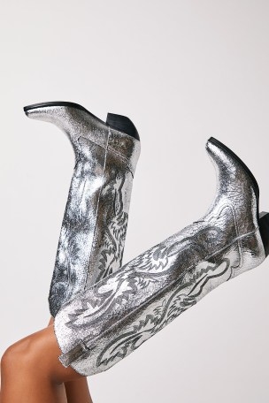Jeffrey Campbell Finn Tall Western Boots in Silver Crackle ~ women’s metallic leather cowboy footwear ~ womens curved top knee high boot - flipped