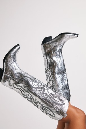 Jeffrey Campbell Finn Tall Western Boots in Silver Crackle ~ women’s metallic leather cowboy footwear ~ womens curved top knee high boot