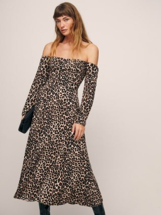 Reformation Ballari Dress in Leo / animal print bardot dresses / off the shoulder fit and flare - flipped