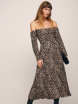 Reformation Ballari Dress in Leo / animal print bardot dresses / off the shoulder fit and flare