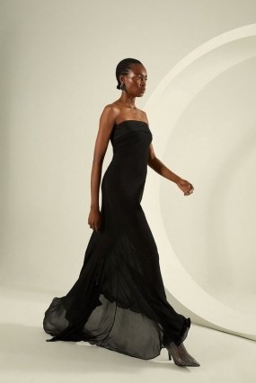 Karen Millen Bandeau Sheer Woven Maxi Dress in Black – glamorous floaty hemline evening dresses – strapless occasion fashion - flipped
