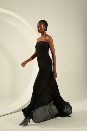 Karen Millen Bandeau Sheer Woven Maxi Dress in Black – glamorous floaty hemline evening dresses – strapless occasion fashion