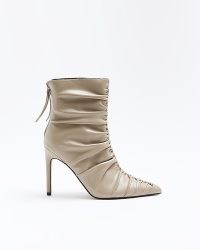 RIVER ISLAND BEIGE RUCHED HEELED ANKLE BOOTS ~ women’s gathered detail boot ~ stiletto heel ~ pointed toe