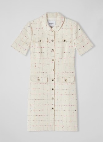 L.K. BENNETT Bellmer Cream Italian Tweed Dress / classic collared textured dresses / chic vintage inspired clothing / women’s ckecked clothes with multicoloured flecks