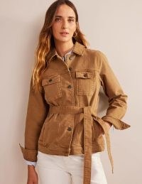 BODEN Belted Denim Jacket in Raw Umber ~ women’s brown collared tie waist jackets ~ womens casual utility clothing ~ utilitarian style clothes