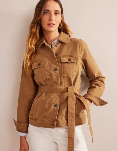 BODEN Belted Denim Jacket in Raw Umber ~ women’s brown collared tie waist jackets ~ womens casual utility clothing ~ utilitarian style clothes