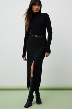 Belted Detail Midi Skirt in Black | front slit skirts | women’s sustainable fashion using recycled materials - flipped