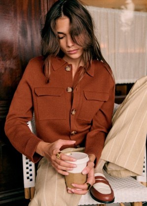 Sezane BETTY CARDIGAN in Hazelnut ~ women’s brown collared utility style cardigans ~ womens RWS certified merino wool knitwear - flipped