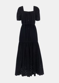 WHISTLES BRODERIE POPLIN TRAPEZE DRESS in Black – short sleeve tiered hem boho dresses – women’s bohemian clothing