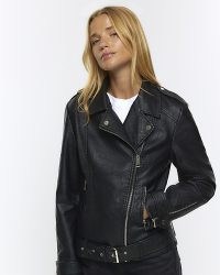 RIVER ISLAND BLACK FAUX LEATHER BELTED BIKER JACKET – womens zip and stud detail jackets