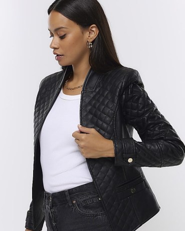 RIVER ISLAND BLACK FAUX LEATHER COLLARLESS BLAZER / women’s quilted open front jacket - flipped