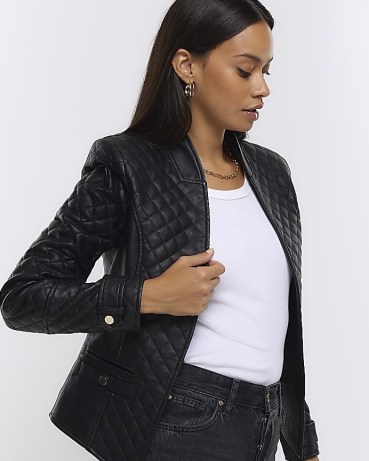 RIVER ISLAND BLACK FAUX LEATHER COLLARLESS BLAZER / women’s quilted open front jacket