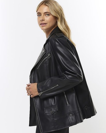 RIVER ISLAND BLACK FAUX LEATHER OVERSIZED BIKER JACKET / womens relaxed fit zip and stud detail jackets - flipped
