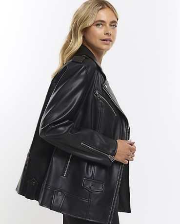RIVER ISLAND BLACK FAUX LEATHER OVERSIZED BIKER JACKET / womens relaxed fit zip and stud detail jackets