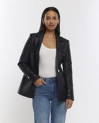 RIVER ISLAND BLACK FAUX LEATHER QUILTED BLAZER / women’s single button blazers