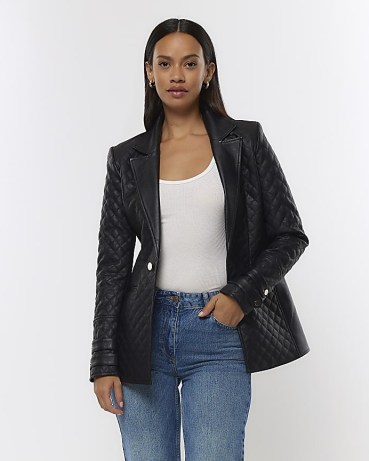 RIVER ISLAND BLACK FAUX LEATHER QUILTED BLAZER / women’s single button blazers - flipped
