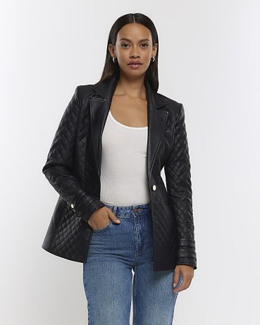 RIVER ISLAND BLACK FAUX LEATHER QUILTED BLAZER / women’s single button blazers