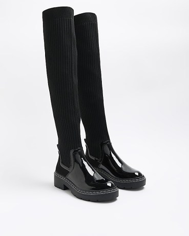 RIVER ISLAND BLACK KNITTED HIGH LEG BOOTS - flipped
