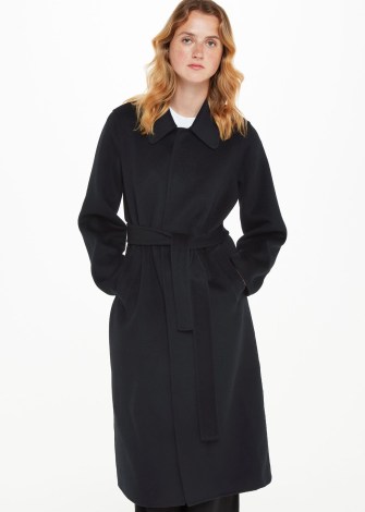 WHISTLES NELL BELTED DOUBLED FACED COAT in BLACK ~ women’s collared tie waist wool blend coats - flipped