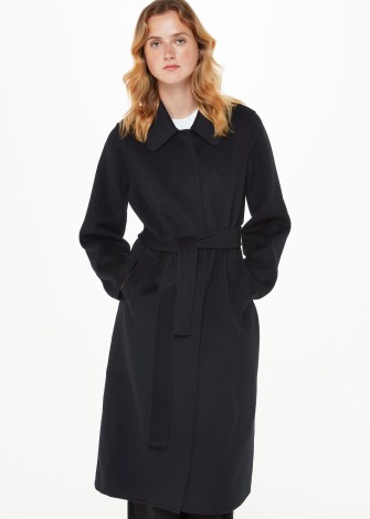 WHISTLES NELL BELTED DOUBLED FACED COAT in BLACK ~ women’s collared tie waist wool blend coats