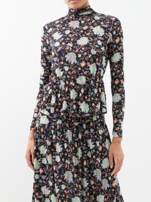 ULLA JOHNSON Nina floral-print gathered-hem jersey top in black – long sleeve high neck peplum tops