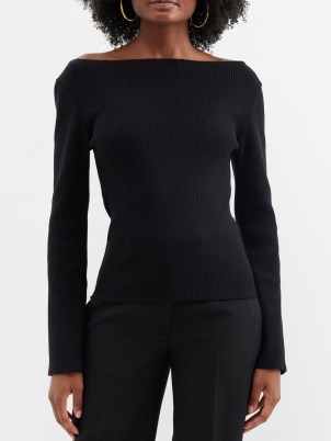 RÓHE Ribbed-knit cotton-blend top in black ~ chic long sleeve boatneck tops - flipped