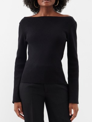 RÓHE Ribbed-knit cotton-blend top in black ~ chic long sleeve boatneck tops
