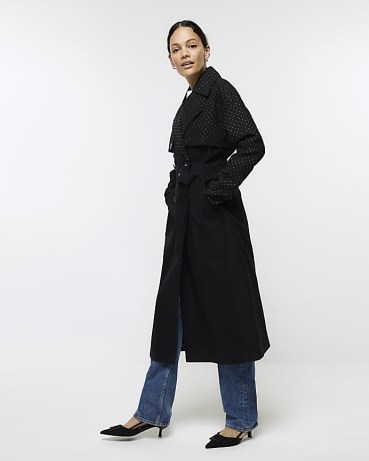 RIVER ISLAND BLACK STUDDED LONGLINE TRENCH COAT ~ women’s winter coats with a touch of glamour - flipped
