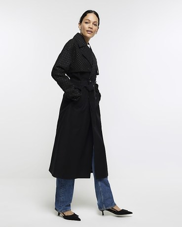 RIVER ISLAND BLACK STUDDED LONGLINE TRENCH COAT ~ women’s winter coats with a touch of glamour