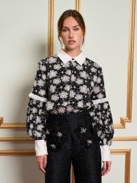 sister jane DREAM Mielle Embroidered Blouse in Coal Black / THE MADELEINE MOMENT collection / floral bishop sleeve blouses / contrast collar and cuff details / feminine shirts