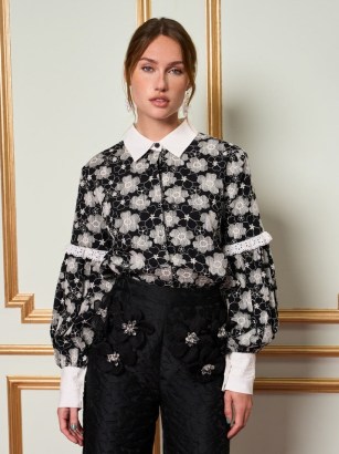 sister jane DREAM Mielle Embroidered Blouse in Coal Black / THE MADELEINE MOMENT collection / floral bishop sleeve blouses / contrast collar and cuff details / feminine shirts - flipped
