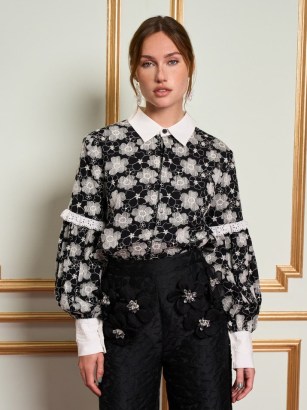 sister jane DREAM Mielle Embroidered Blouse in Coal Black / THE MADELEINE MOMENT collection / floral bishop sleeve blouses / contrast collar and cuff details / feminine shirts