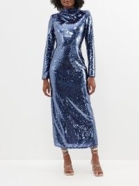 SELF-PORTRAIT Back-cutout sequinned midi dress in blue – long sleeve high neck sequin covered evening dresses – glittering occasion clothes ~ shimmering event clothing