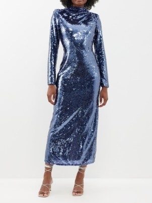 SELF-PORTRAIT Back-cutout sequinned midi dress in blue – long sleeve high neck sequin covered evening dresses – glittering occasion clothes ~ shimmering event clothing - flipped