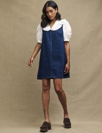 nobody’s child Blue Dark Wash Denim Putney Pinny Dress | indigo organic cotton pinafores | sleeveless scoop neck layering dresses
