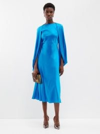 ROKSANDA Koda cape-sleeve silk-satin midi dress in blue ~ silky occasion dresses