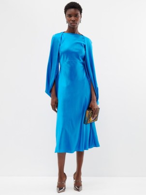 ROKSANDA Koda cape-sleeve silk-satin midi dress in blue ~ silky occasion dresses - flipped