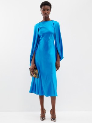 ROKSANDA Koda cape-sleeve silk-satin midi dress in blue ~ silky occasion dresses
