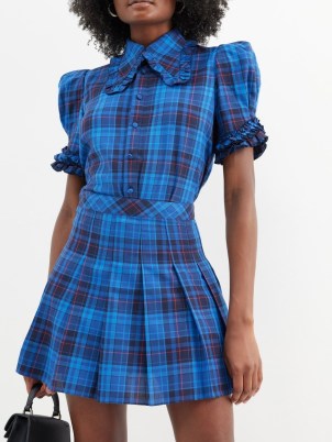 THE VAMPIRE’S WIFE The Garland ruffled tartan cotton blouse in blue – plaid print puff sleeve blouses – women’s ruffle trim clothing - flipped