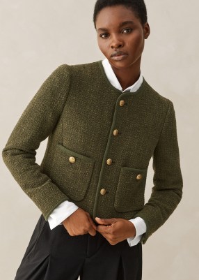 ME and EM Bracelet Sleeve Boucle Crop Jacket in Autumn Olive ~ women’s green cropped collarless jackets - flipped