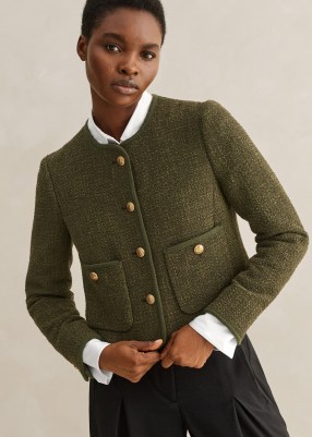 ME and EM Bracelet Sleeve Boucle Crop Jacket in Autumn Olive ~ women’s green cropped collarless jackets