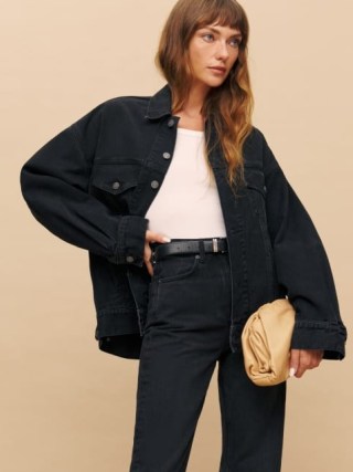 Reformation Brooks Oversized Denim Jacket in Black ~ women’s collared relaxed fit jackets - flipped