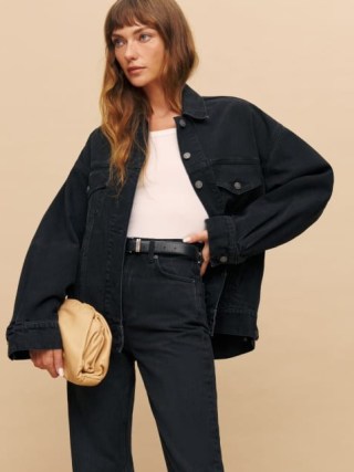 Reformation Brooks Oversized Denim Jacket in Black ~ women’s collared relaxed fit jackets