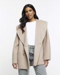 RIVER ISLAND BROWN DOUBLE BREASTED COAT ~ chic shawl collar winter coats ~ women’s wool blend outerwear
