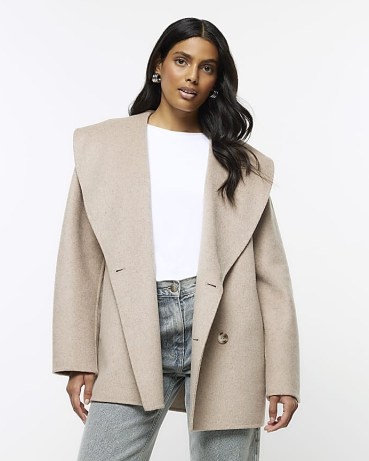 RIVER ISLAND BROWN DOUBLE BREASTED COAT ~ chic shawl collar winter coats ~ women’s wool blend outerwear - flipped