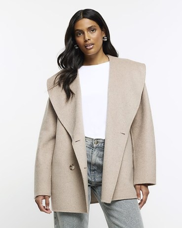RIVER ISLAND BROWN DOUBLE BREASTED COAT ~ chic shawl collar winter coats ~ women’s wool blend outerwear