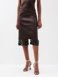 16ARLINGTON Fala sequinned lace-trim satin midi skirt in brown ~ women’s luxury evening clothes ~ luxe sequin detail occasion skirts ~ semi sheer hemline